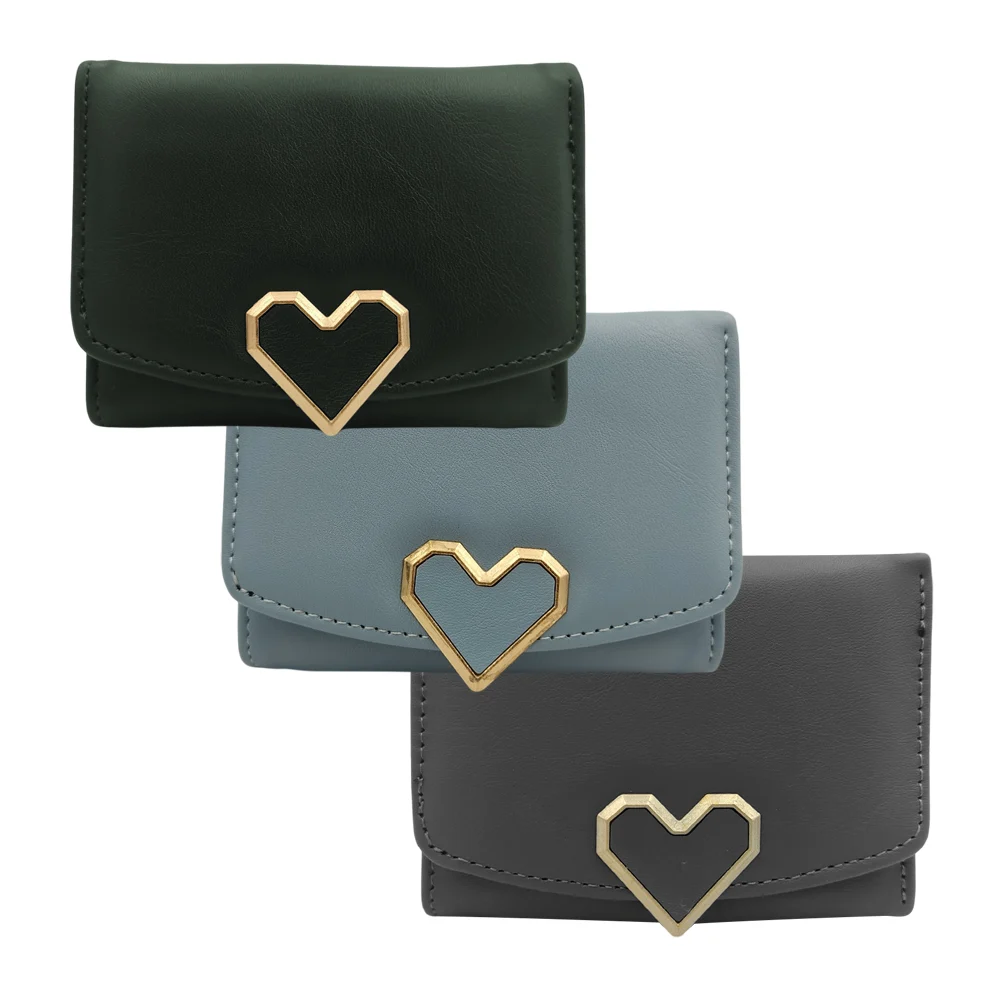 Cartera de color liso con broche de boton en forma de corazón para dama / c3393