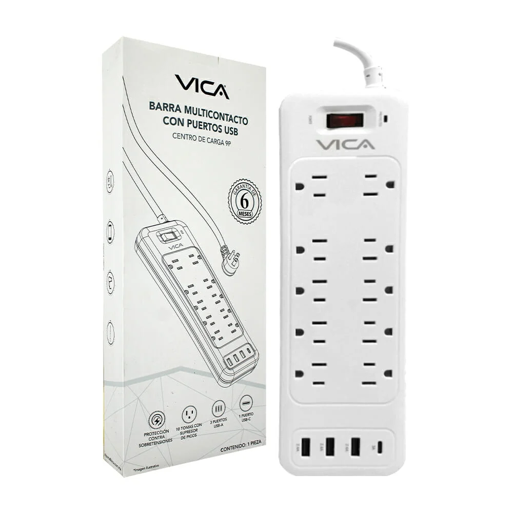 Barra multicontacto supresor de picos vica con 10 tomacorriente, 3 puertos usb-a y 1 puerto tipo usb-c / 9p