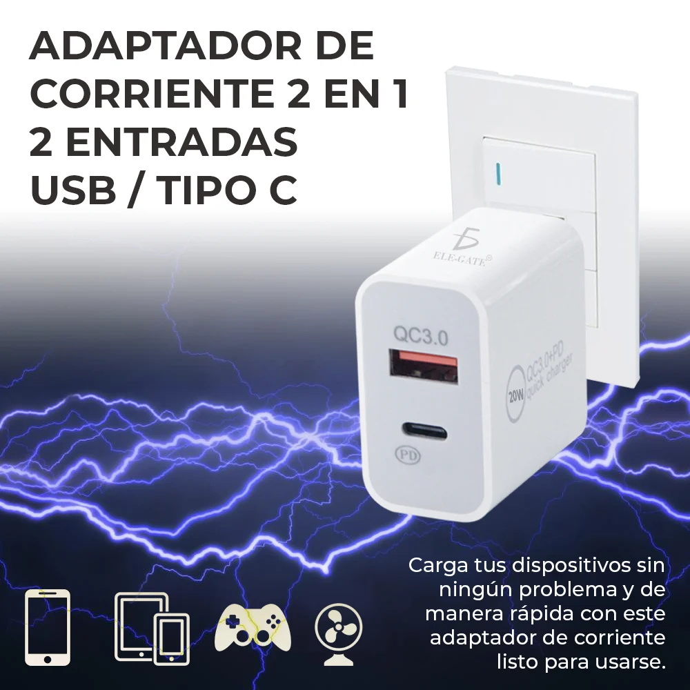 Turbo Cargador Salida Usb Tipo C Con Carga Rapida 18w