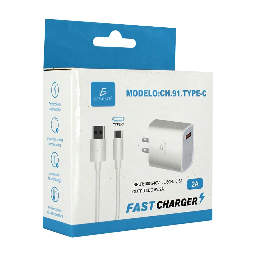 Cargador de carga rápida, 2a, 5v, con cable tipo c ch.91.type-c