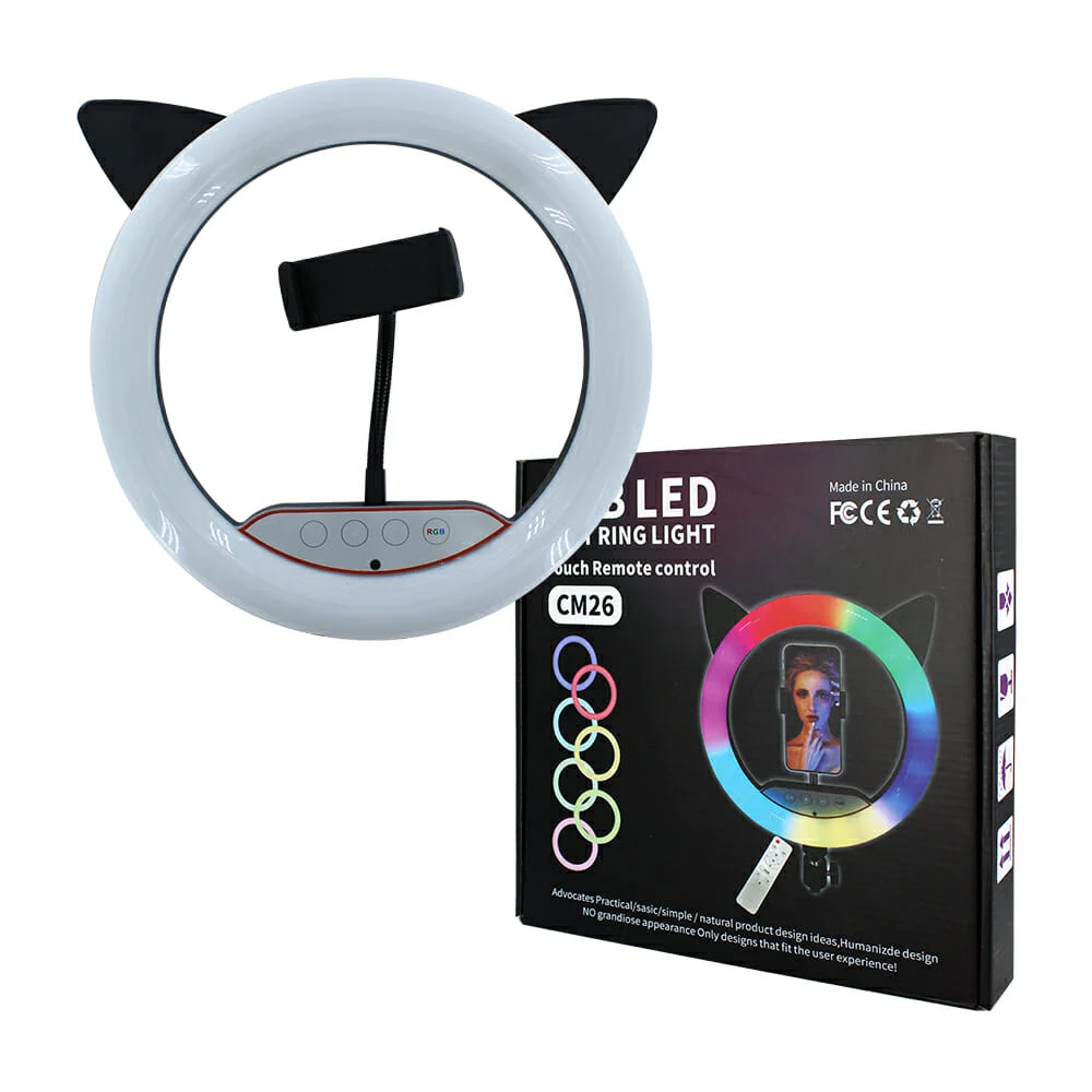 Aro de luz rgb 26cm con soporte para celular y orejas de gato / cm26