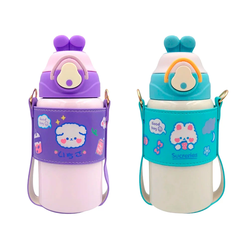 Botella tipo termo infantil con diseño de animales y funda protectora tipo piel sintética, 500ml, variedad de modelos / cup-7995 / rabbit / hb-7995