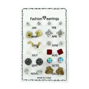 1pza Blíster con 12 pares de aretes de fantasía, variedad de diseños …