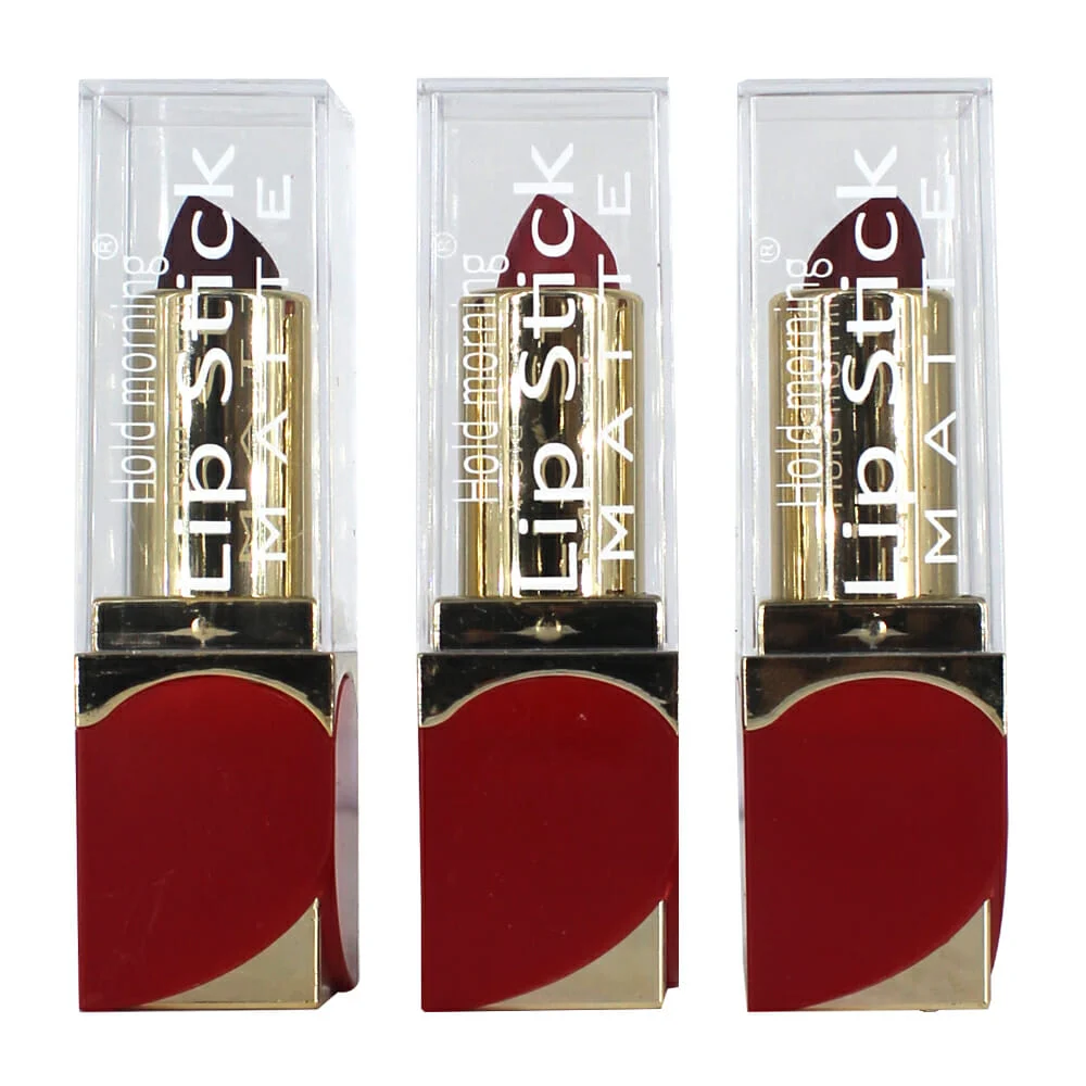 Labial retráctil en tono mate, estuche con 2 corazones rojos y dorado /  variedad de tonos / hold morning / lip stick matte 