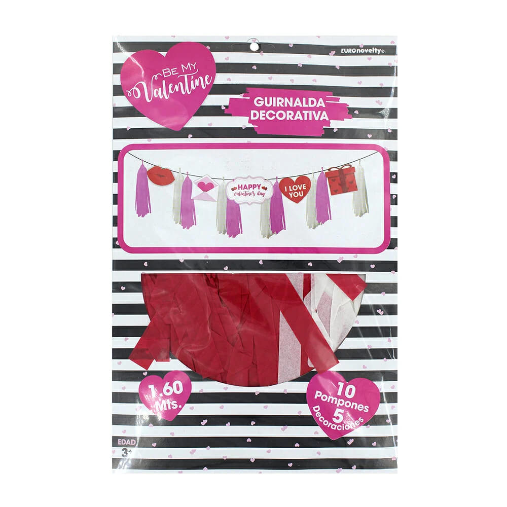 Guirnalda decorativa euro novelty de 1.6 metros con 10 pompones y 5 decoraciones temáticas de san valentín / degpsv