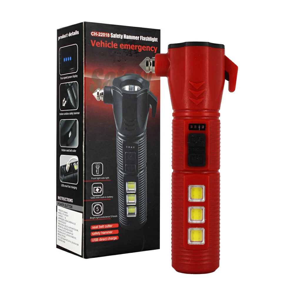 Lámpara - linterna led multifuncional para vehículo con rompe cristales, cutter, luz lateral e indicador de batería, variedad de colores / ch-22018 / vehicle emergency