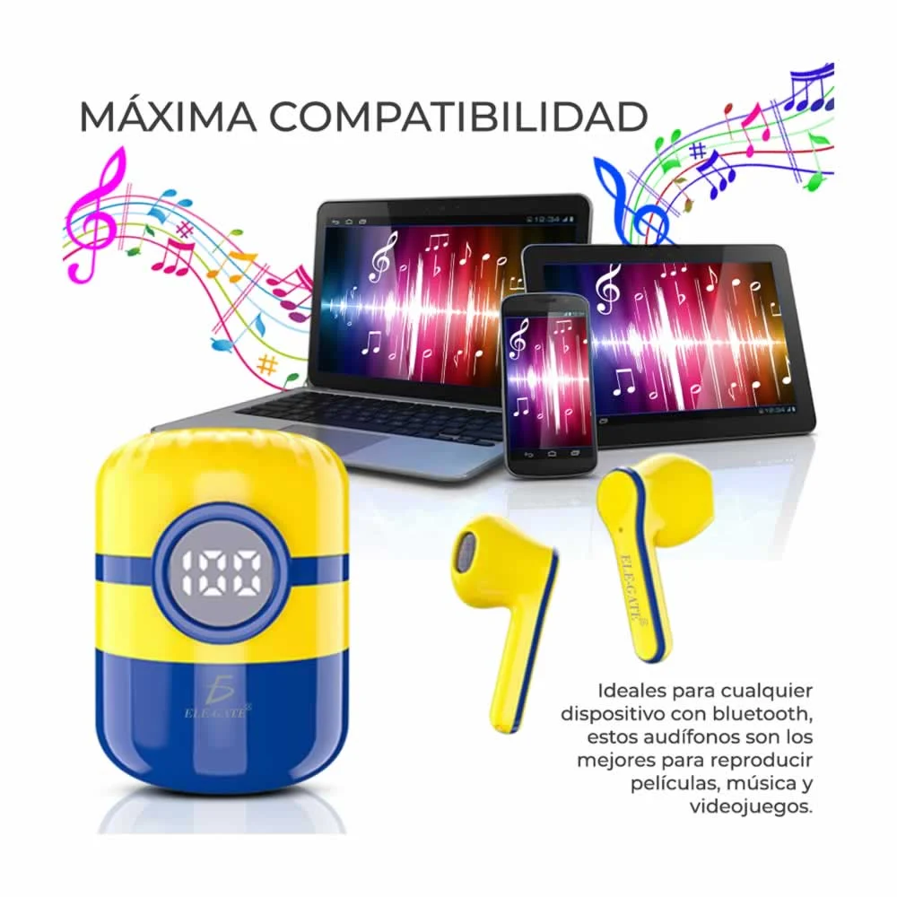 Audífonos inalámbricos bicolor, con indicador de batería en pantalla y estuche de carga en forma de minion / ear.bt.pro12