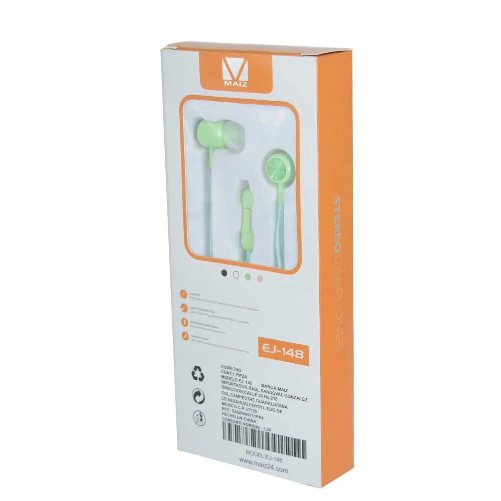 Audífonos maiz alámbricos con almohadillas de silicona, entrada auxiliar y detalles en color metálico, variedad de colores / ej148