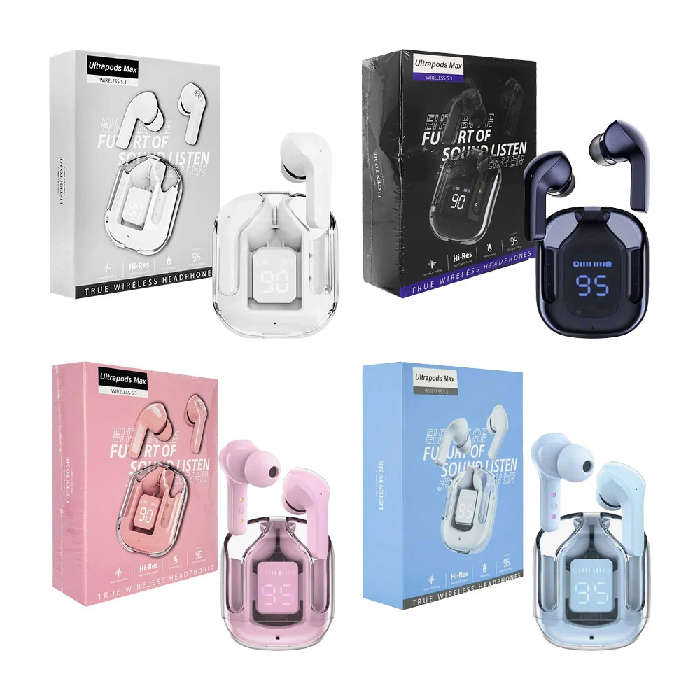 Audífonos inalámbricos de conexión bluetooth 5.3 con estuche de carga con cubierta transparente, indicador de batería y carga usb / ultrapods max / st-w126 / tr-6068