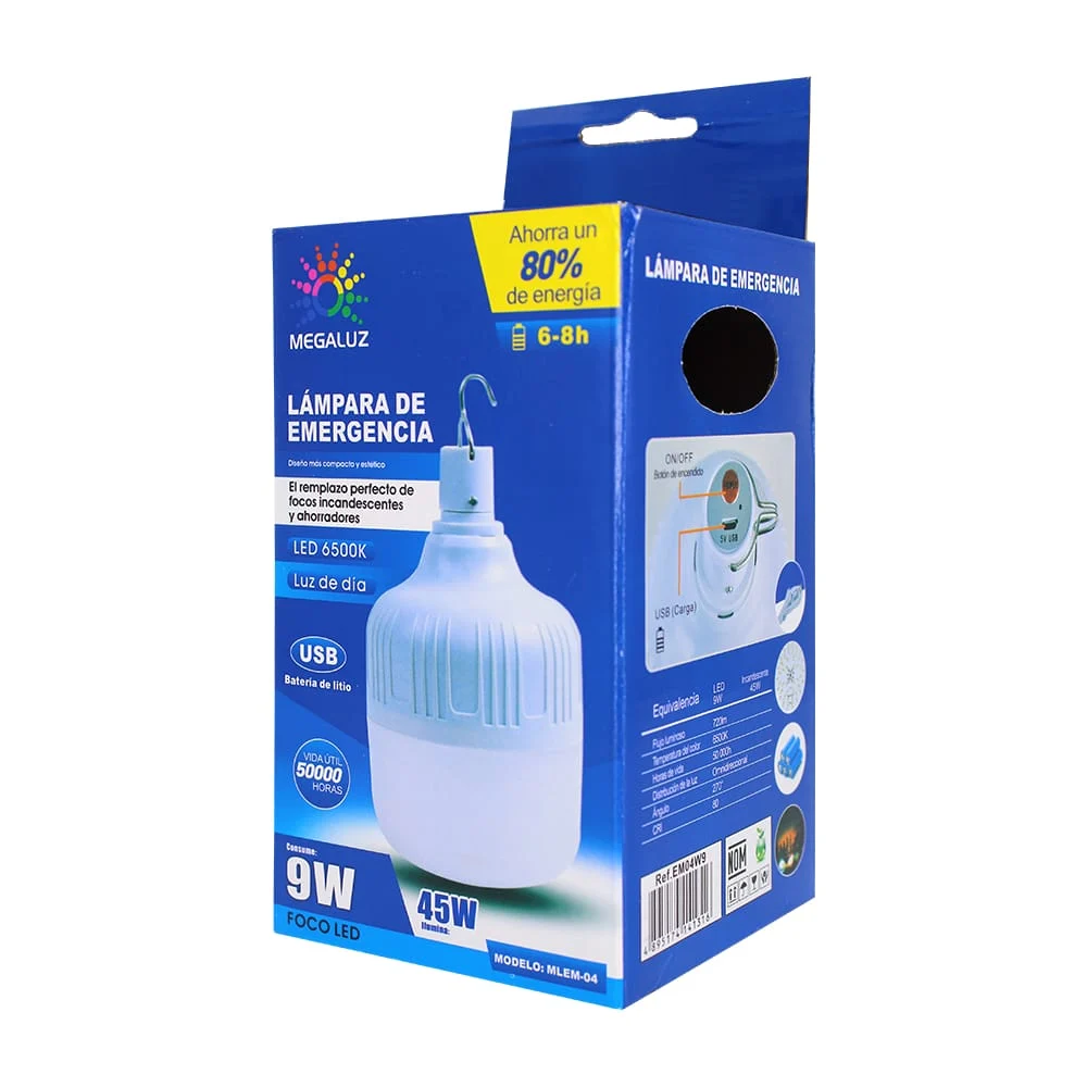 Foco / lámpara led de emergencia estilo camping, recargable, con 3 modos de iluminación, 6500k, 9w y gancho colgante / mlem-04