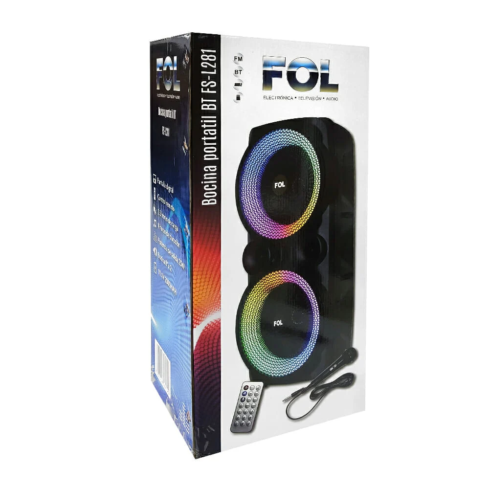 Bocina fol bluetooth 8"x2 con luz led, micrófono, control remoto y ranuras para sd y usb / fs-l281