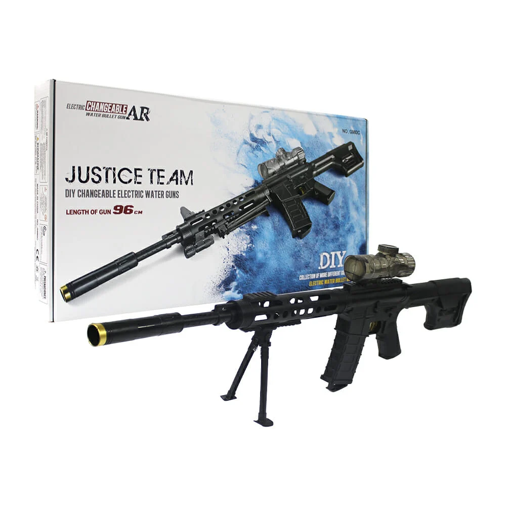 Pistola / rifle de asalto 96cm con láser y recargable de bolitas de hidrogel 7-8mm / justice team