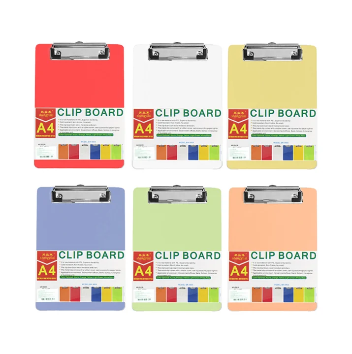 Tabla portadocumentos de plástico translúcido con broche tipo clip, 22.5×31.5cm, variedad de colores / clip board / gpm-3366