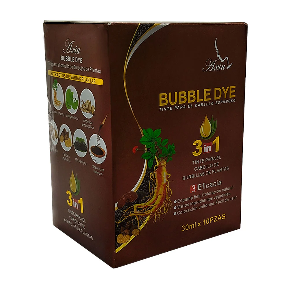 Caja con 10 sobres de shampoo 3 en 1 con tinte para el cabello y extracto de plantas, color café / bubble dye / 30ml