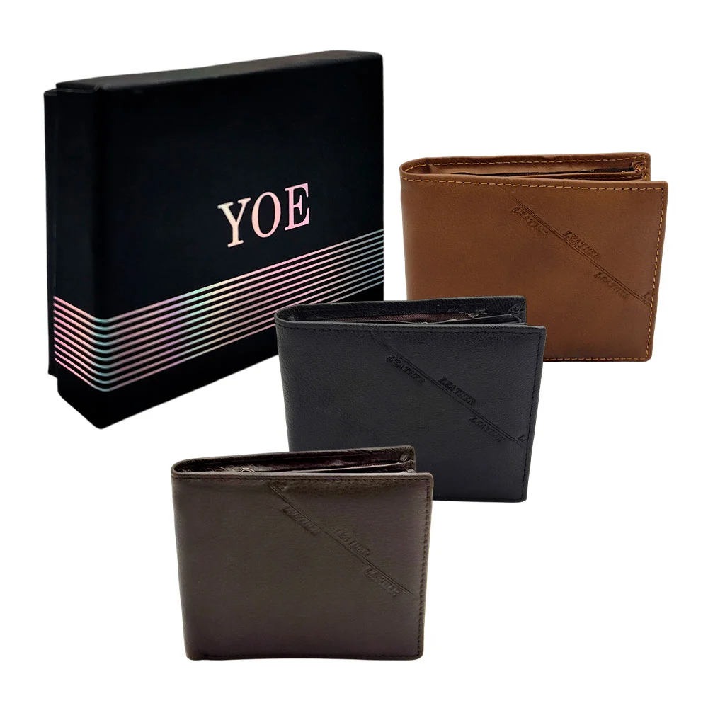 Cartera / billetera yoe de color liso y leyenda leather para hombre / h8362