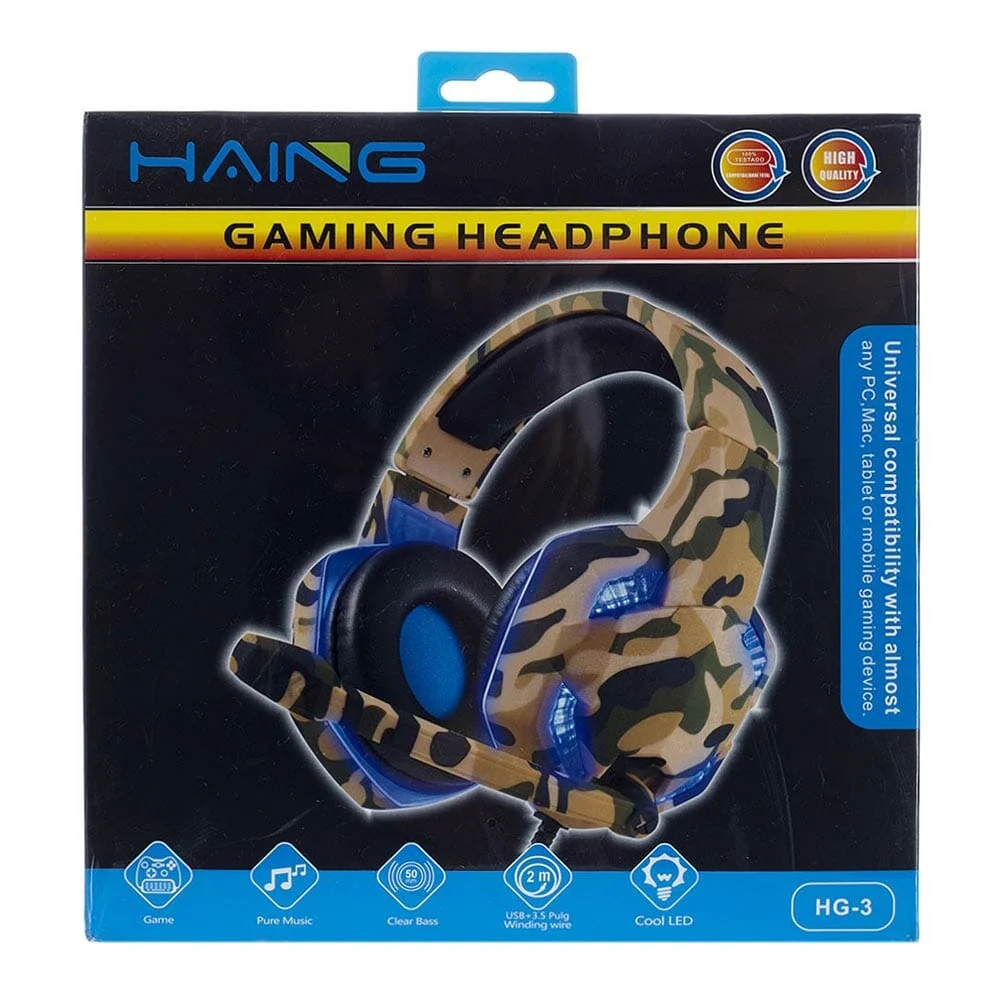 Audífonos de diadema acolchada, con cable mallado, micrófono e iluminación led, variedad de estampados / hg-3