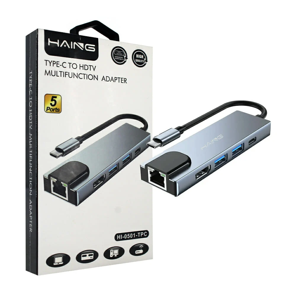 Adaptador multifuncional haing tipo c a hdtv con 2 puertos usb, 1 porta ethernet y 1 puerto hdmi / hi-0501-tpc