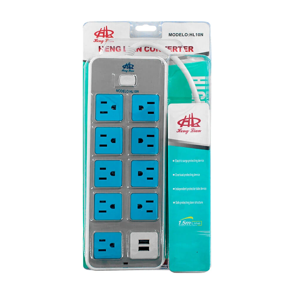 Barra multicontacto con 9 enchufes tomacorrientes, 2 puertos usb y botón, 1.5m / hl10n