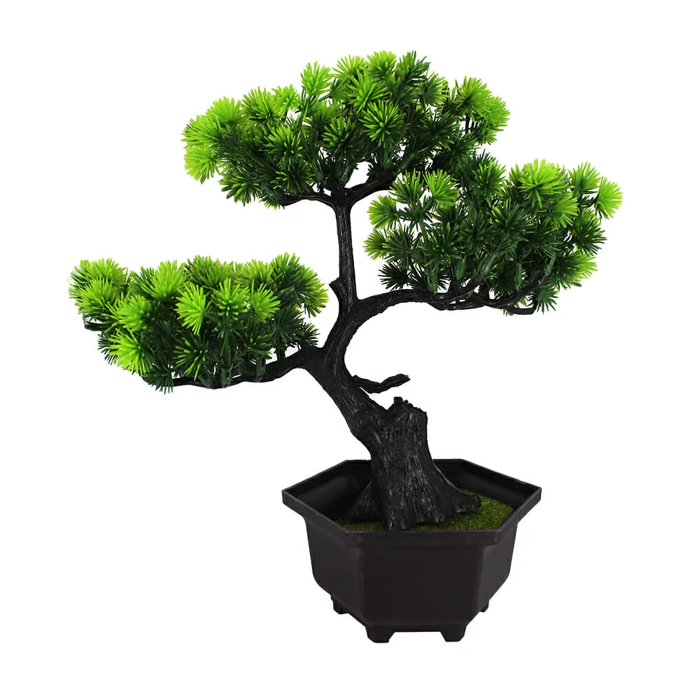 Maceta hexagonal decorativa con pasto y árbol bonsai artificial 26cm / hl-fac9765