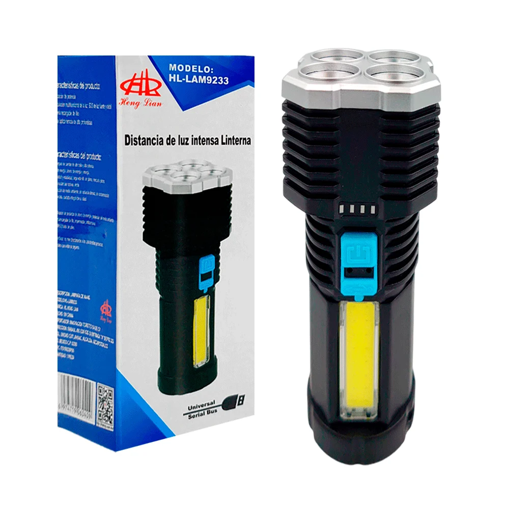 Linterna recargable hl usb de 4 leds con luz intensa y 4 modos de iluminación
