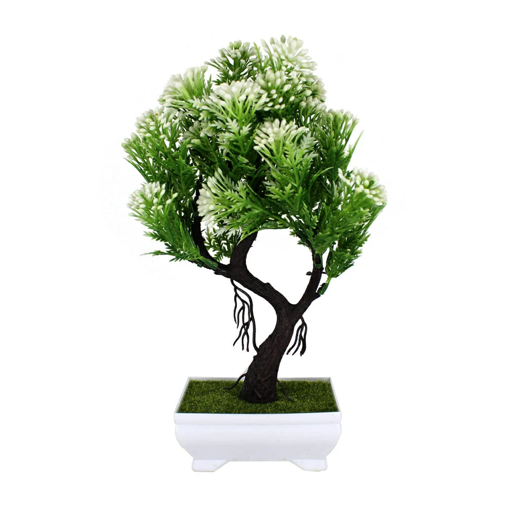 Maceta rectangular decorativa con pasto y árbol tipo nevado artificial 27cm / hl-yh22582