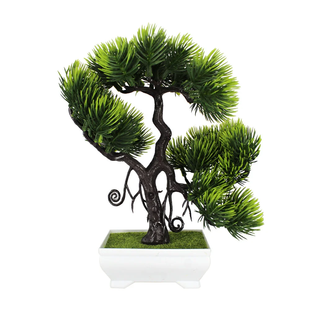 Maceta rectangular decorativa con pasto y árbol tipo bonsai artificial 24cm / hl-yh22589