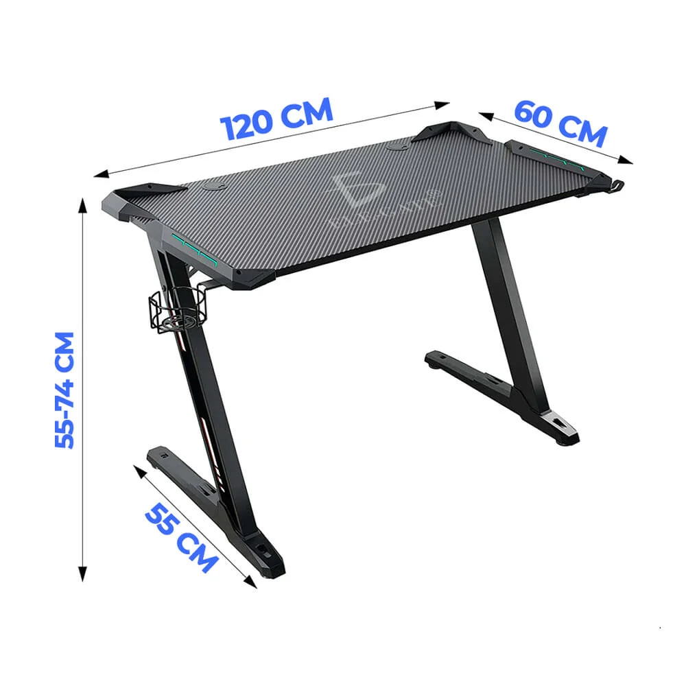 Escritorio rectangular gamer con luz led rgb y diseño tipo fibra de carbono / hog.153