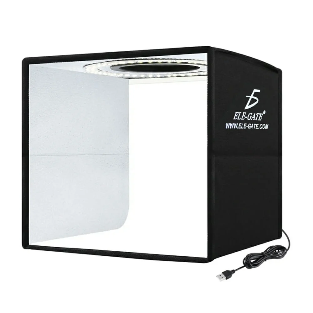 Estudio fotográfico cuadrado 40x40cm, con 3 tonos de luz ajustables y varios fondos de papel intercambiables / hold.75