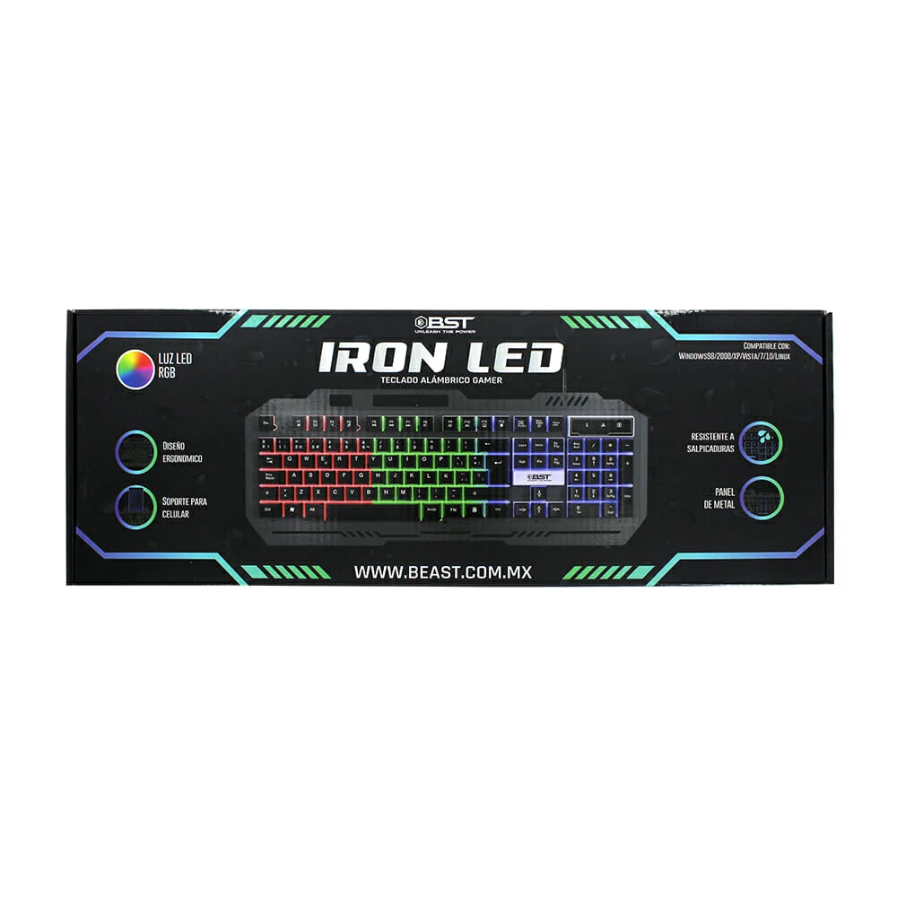 Teclado alámbrico gamer bst con luz rgb, panel de metal y soporte para teléfono celular / iron led