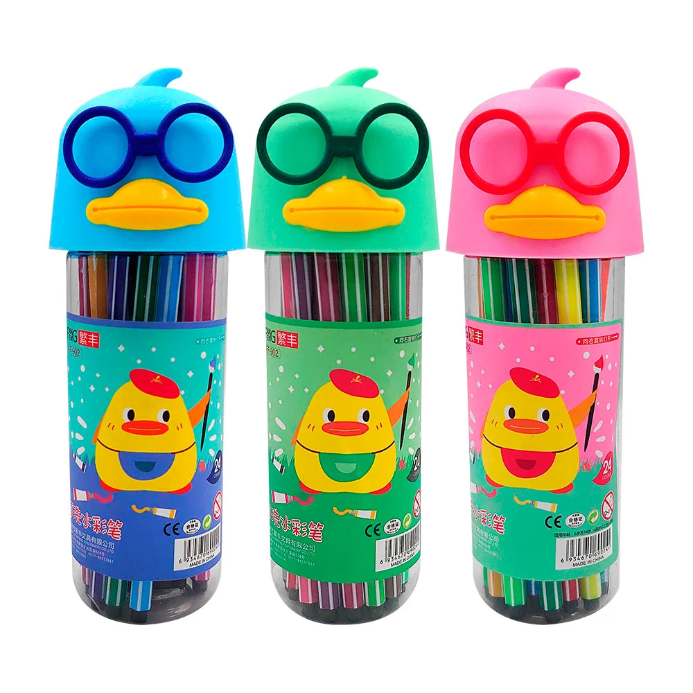 Estuche transparente con tapadera en forma de pato y 24 marcadores delgados de colores / ff-902 / t226-24h