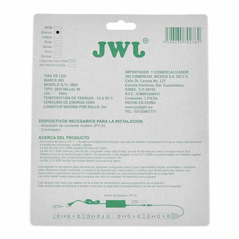 Tira led 5050 para interior 5mtrs blanca jltl-5050ip20b jwj