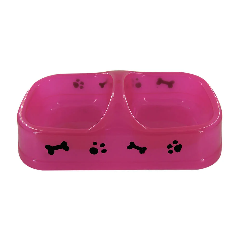 Plato tazón doble cuadrado translúcido de plástico con diseño de huellas para mascota, variedad de colores / jr1005