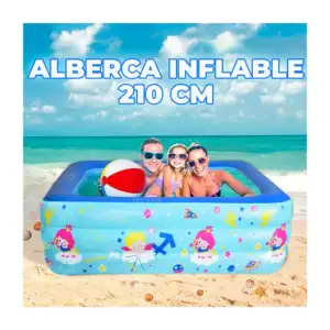 Alberca rectangular inflable de 3 aros con fondo acolchonado y diseño…