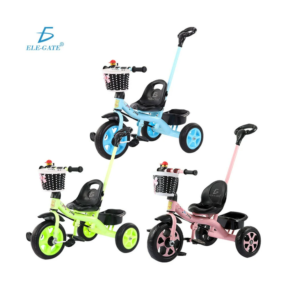 Triciclo infantil con asiento ajustable, canasta y barra de empuje, variedad de colores / jug.29