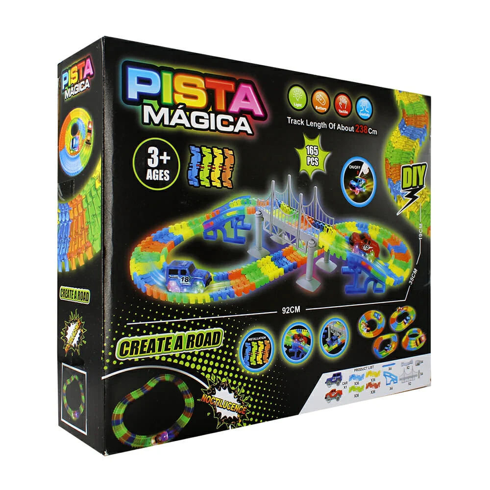 Pista mágica luminosa + carrito con luces, 165 pzas, 238cm / kq212110