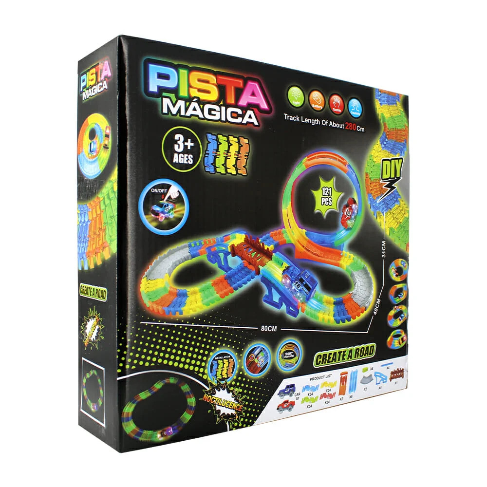Pista mágica luminosa + carrito con luces, 121 pzas, 280cm / kq212111