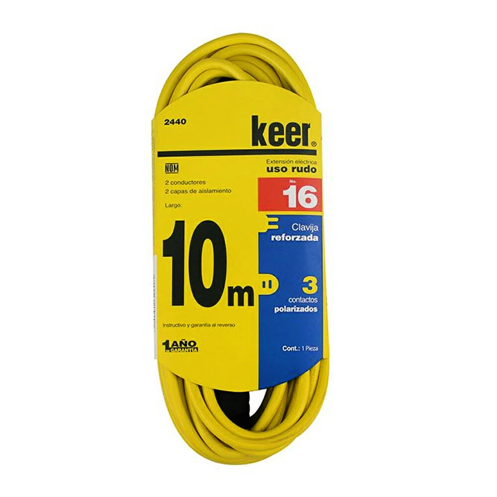 Extensión amarilla keer para uso rudo de 10 metros con clavija reforzada y 3 contactos / 2440