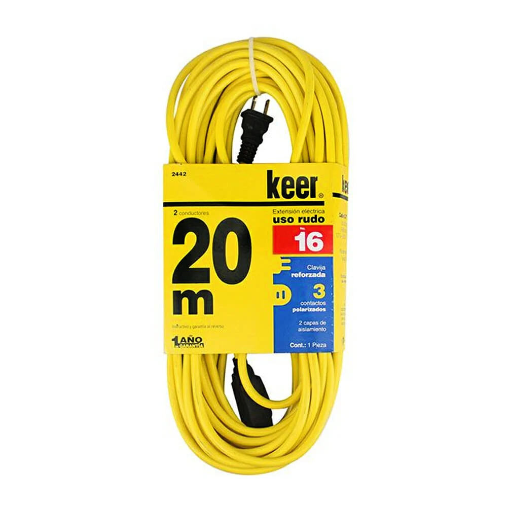 Extensión amarilla keer para uso rudo de 20 metros con clavija reforzada y 3 contactos / 2442