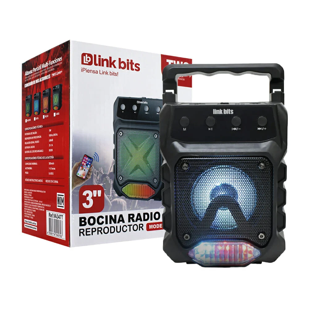 Bocina bluetooth link bits de 3 pulgadas con luz led, radio fm y ranuras para sd y usb / va347t / kts003