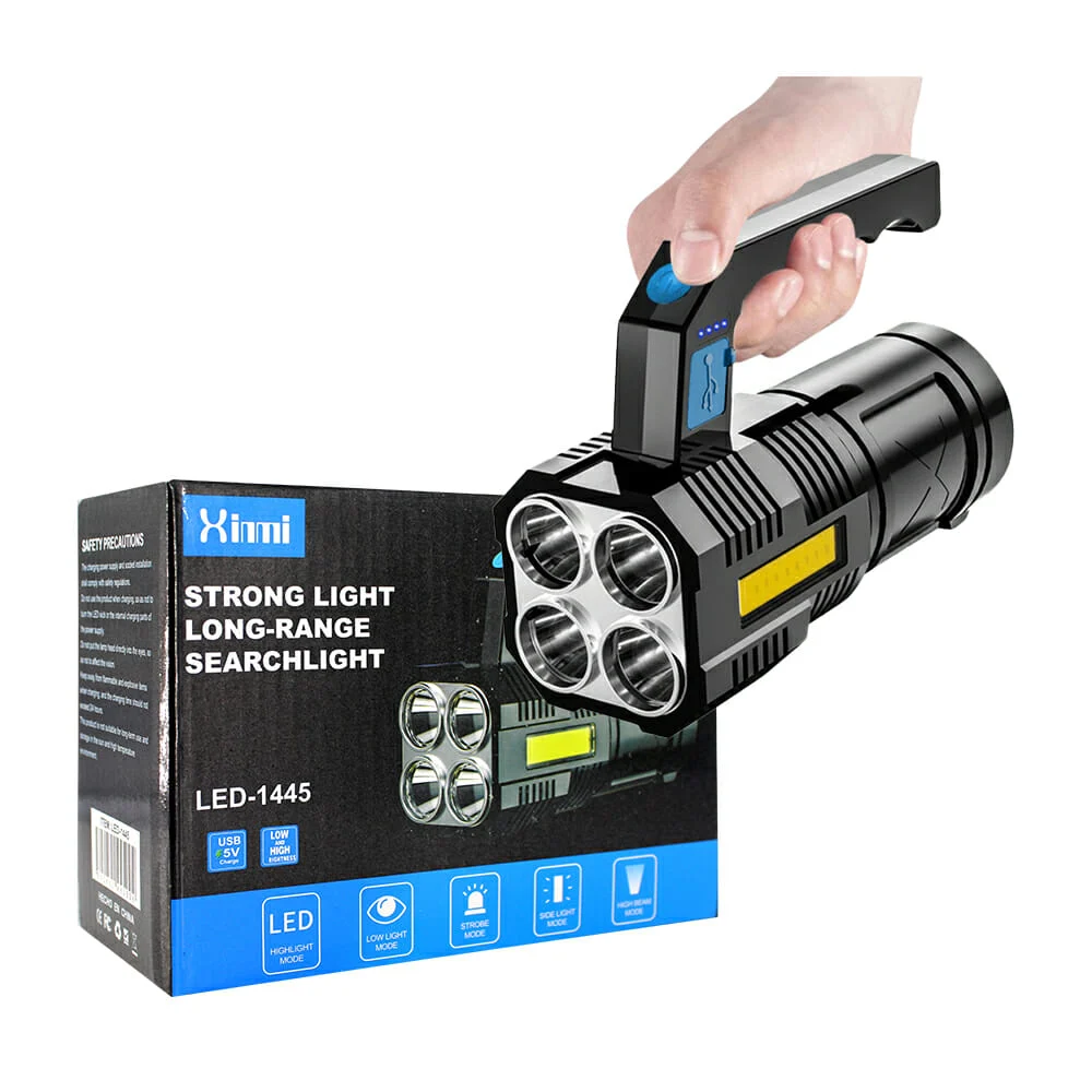 1pza Linterna de mano rectangular, con asa agarradera, 4 leds, iluminación lateral y puerto cargador / led-1445