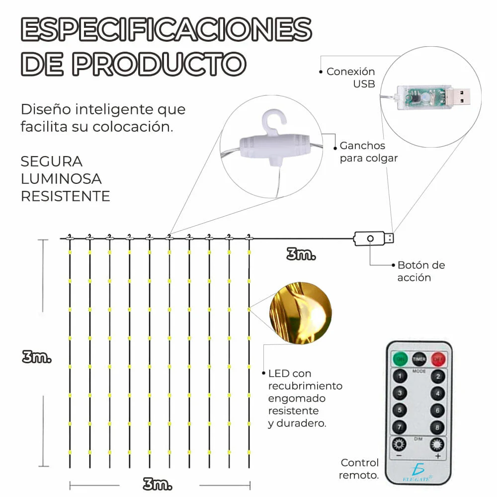 Decoración navideña, cadena de luz rgb tipo cortina 3m led.43.col