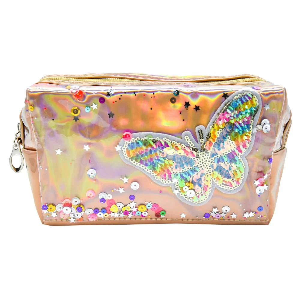 Cosmetiquera con mariposa de lentejuelas y diseño efecto espejo, variedad de colores / lk-623