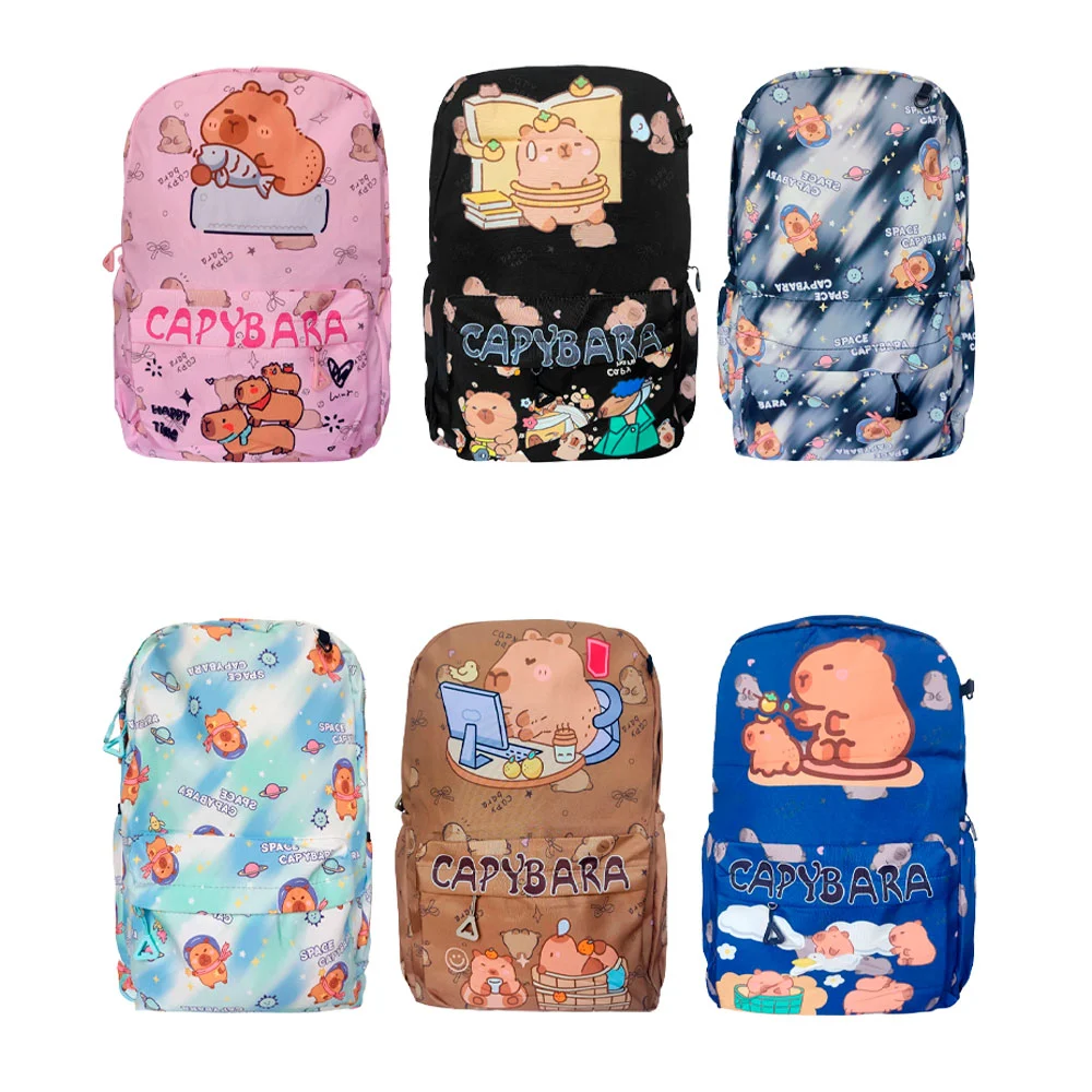 Mochila con 2 compartimentos lonchera, lapicera y estampado de labubu o capibara