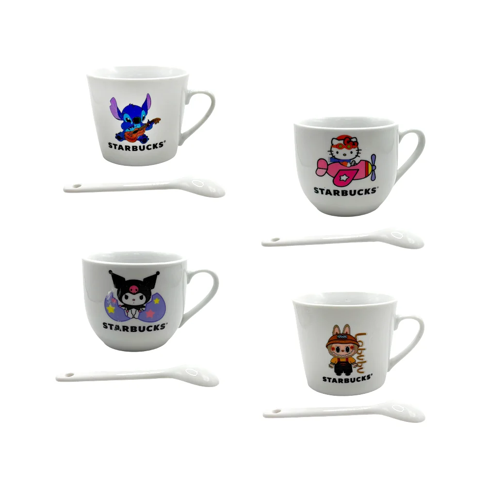 Taza de cerámica con cuchara y estampado de personajes animados, diseños varios