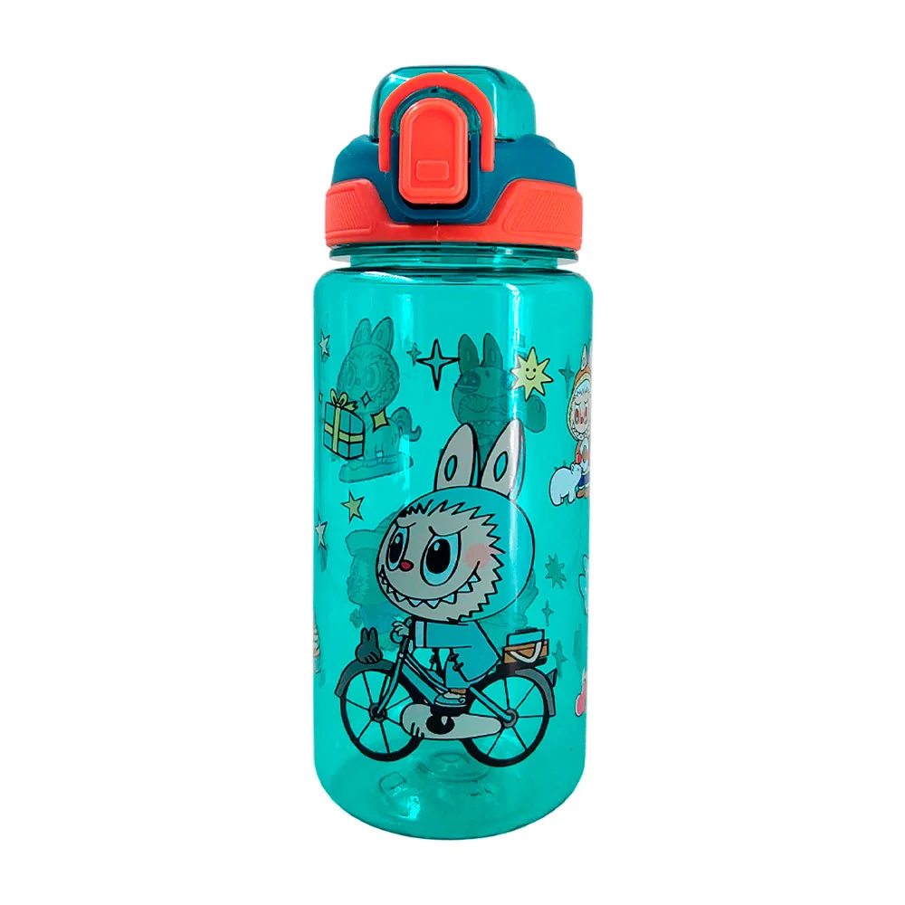 Botella transparente con estampado de labubu, popote y asa, diseños varios