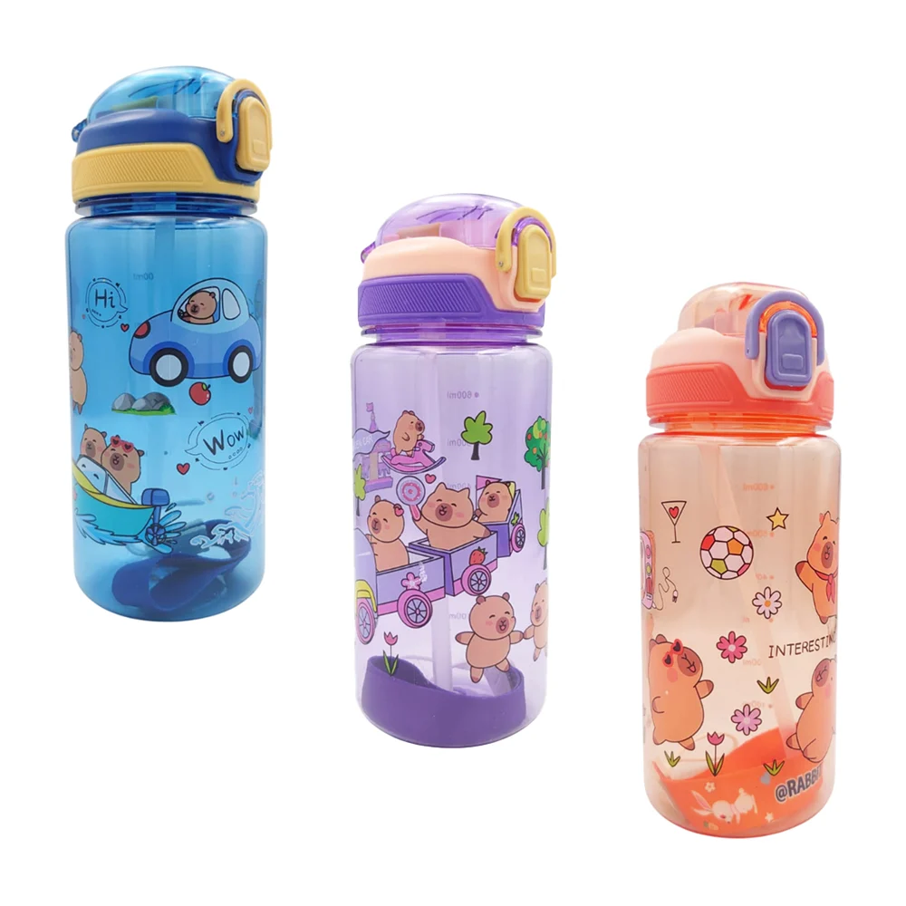 1pza Botella traslúcida de 600 ml con estampado de capibara animados y asa agarradera, variedad de modelos / lu1537
