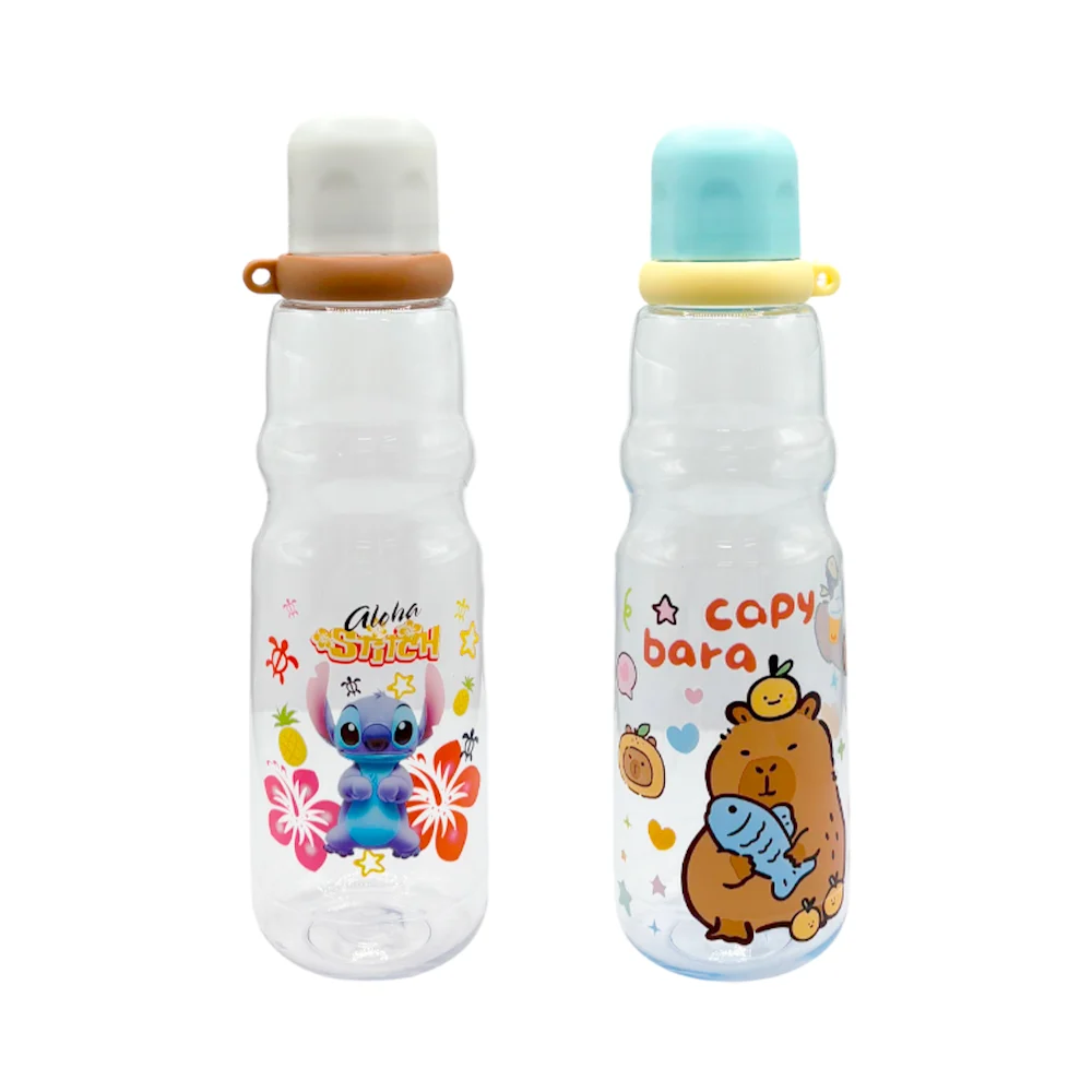 Botella transparente bicolor con asa y estampado de personajes animados