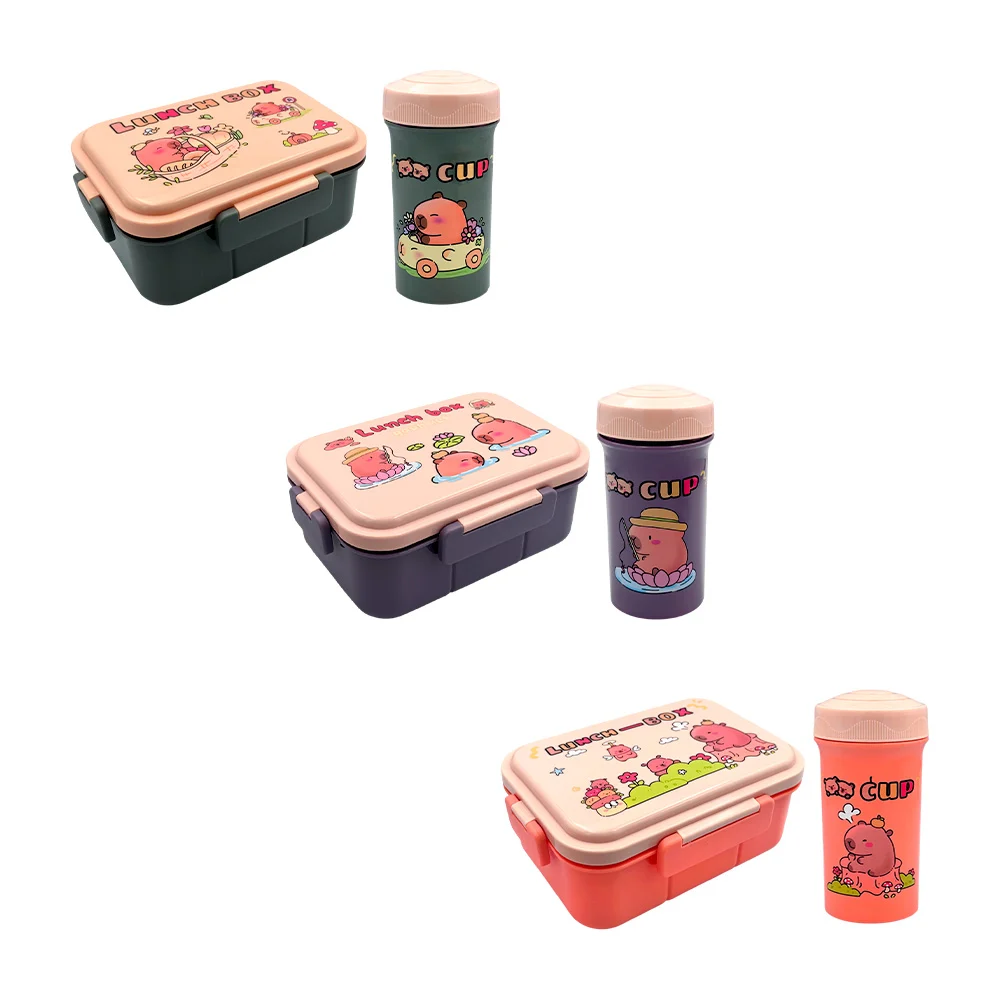 Blíster con tupper rectangular de plástico, 3 compartimientos y vaso con tapa, variedad de diseños / lunch box / lu1608