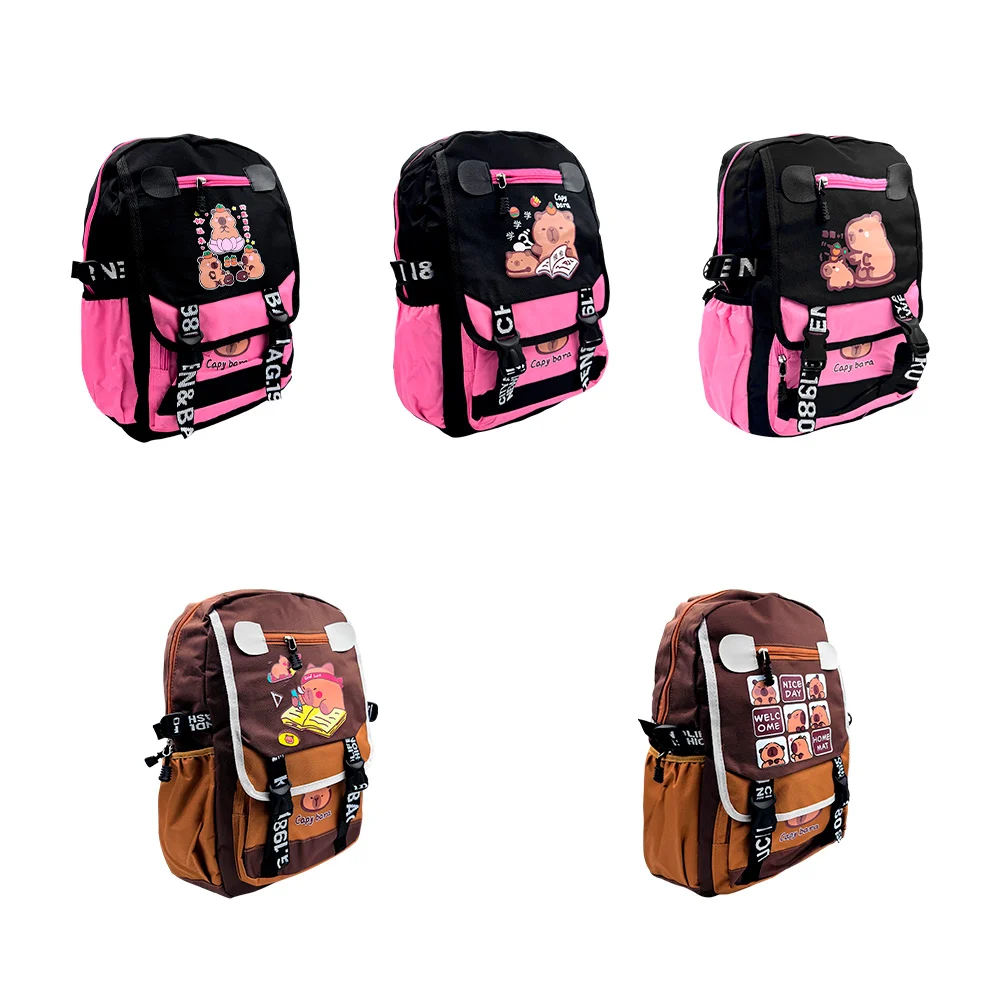 Mochila escolar grande con 3 compartimientos, broches y estampado de capibara