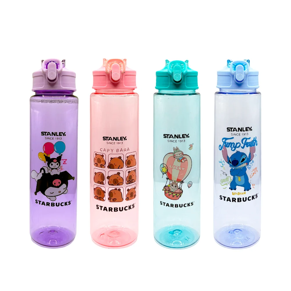 Botella cilíndrica de plástico, con popote y estampado de personajes animados